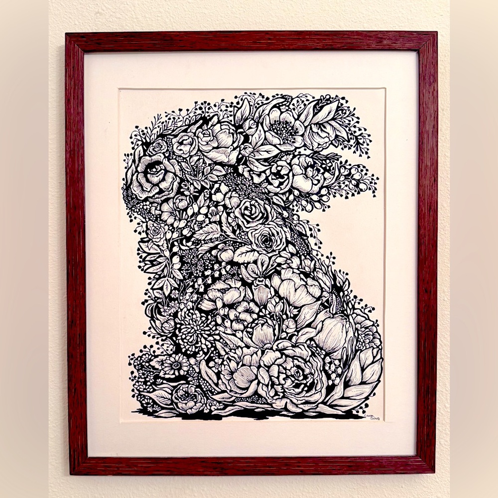 Original ink artwork Floral Rabbit whimsy cottagecore nib/brush (not blockprint)